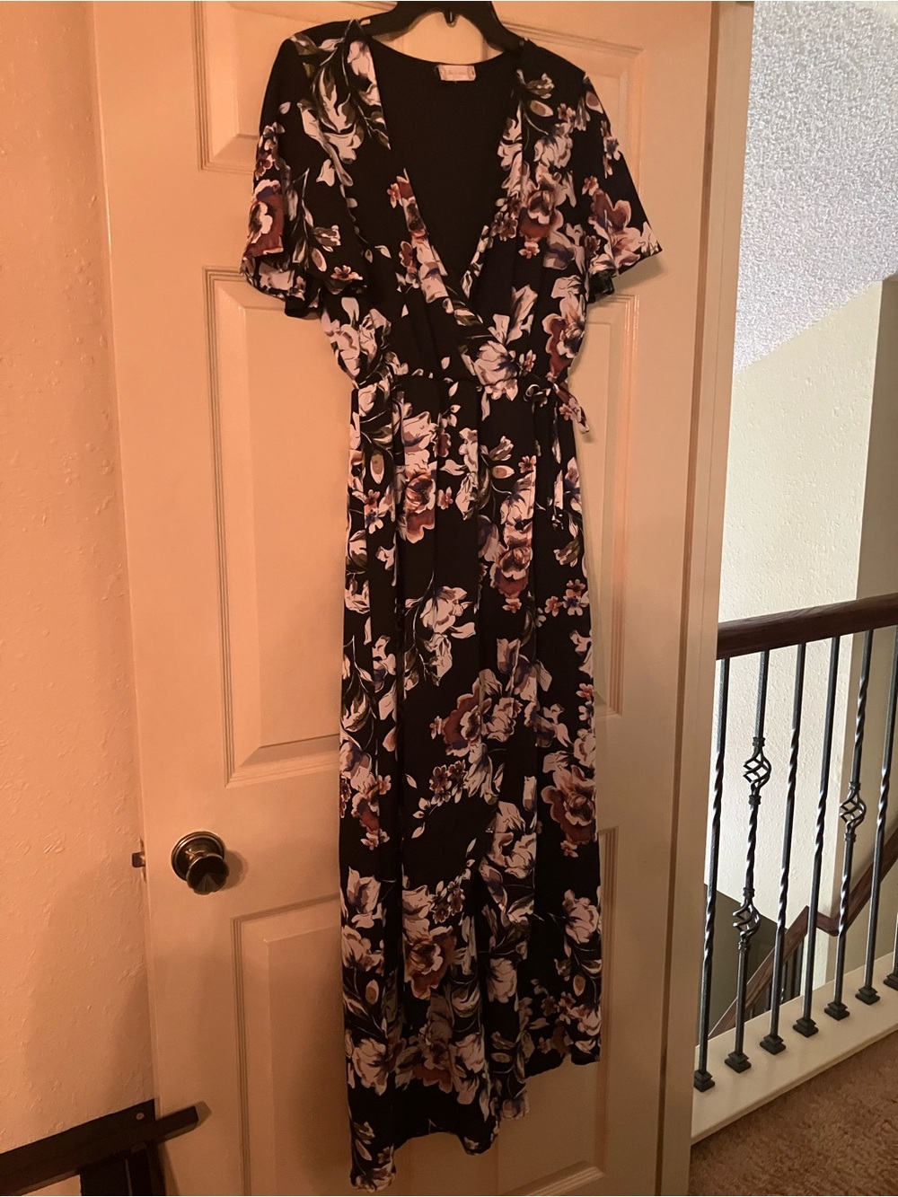 Floral Wrap Maxi Dress - Black with Floral Print